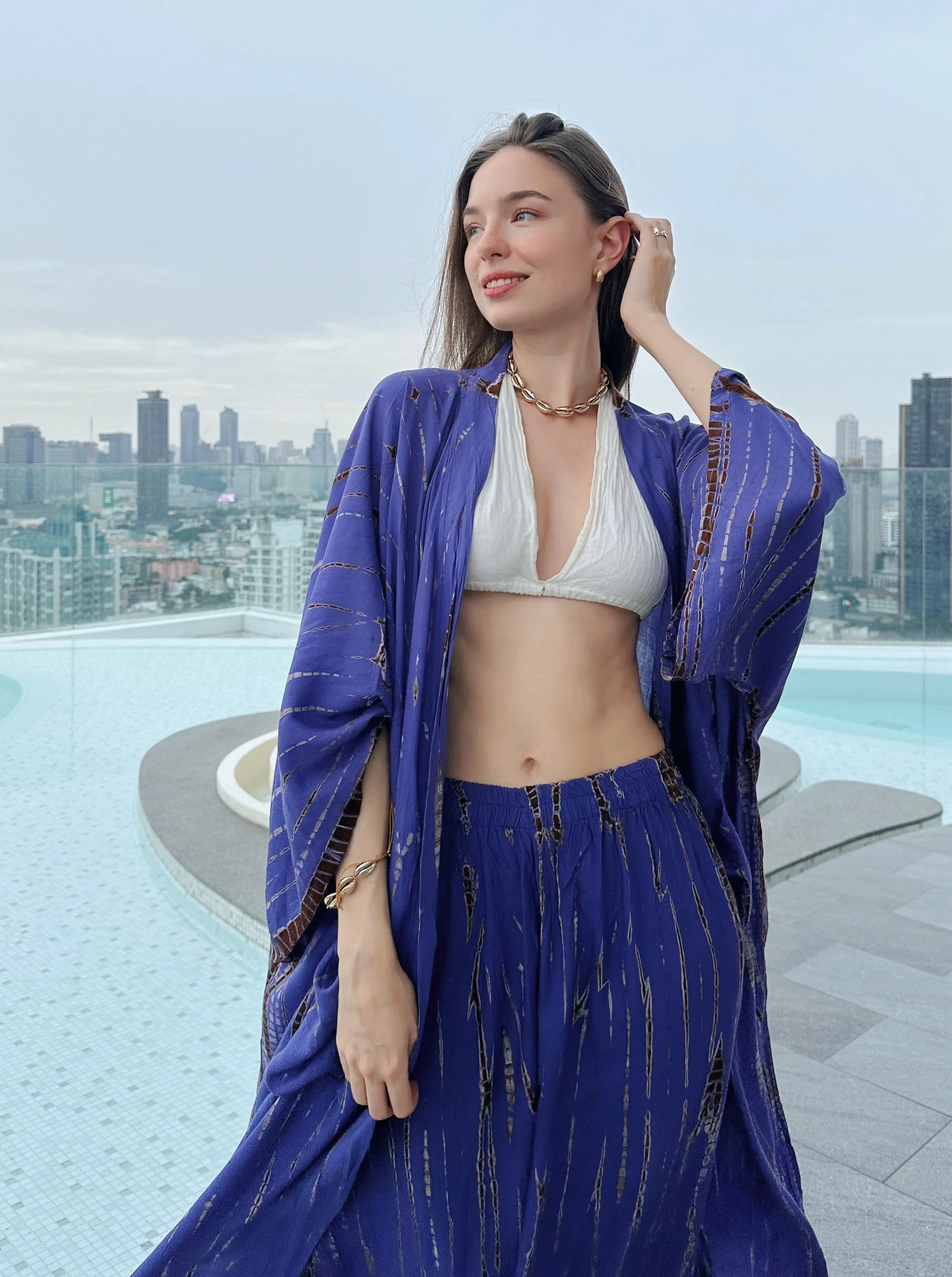 Swan Tie Dye Kimono Robe - Purple Blue