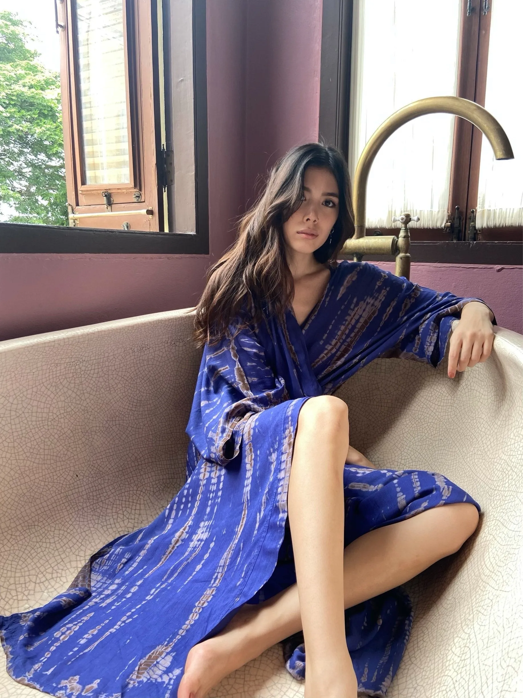Swan Tie Dye Kimono Robe - Purple Blue