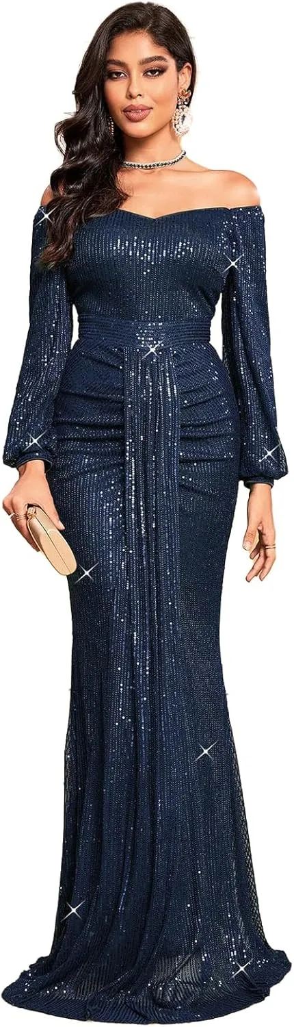 TOLEEN Women's Formal Sequin Bodycon Long Sleeve Prom Dresses Elegant Evening Party Maxi Dresses