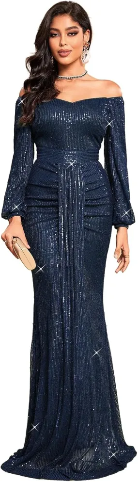 TOLEEN Women's Formal Sequin Bodycon Long Sleeve Prom Dresses Elegant Evening Party Maxi Dresses