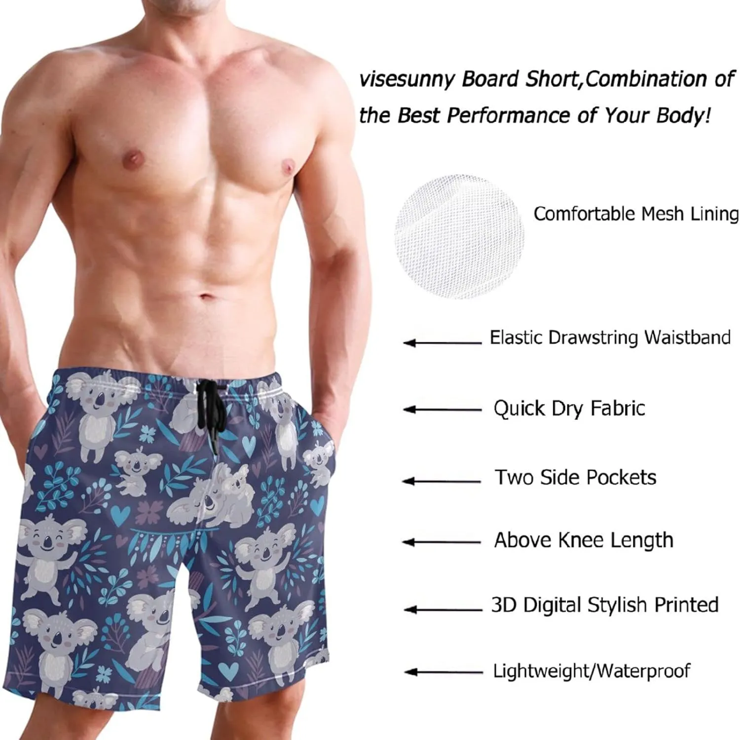 visesunny Men's Novelty Beach Shorts Soft Swimwear Sports Running Swim Board Shorts Bathing Suits Mesh Lining