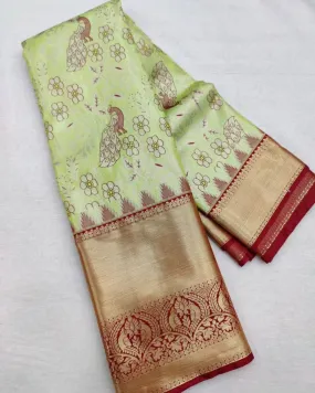 Whimsical Pista Soft Silk Saree With Imbrication Blouse Piece