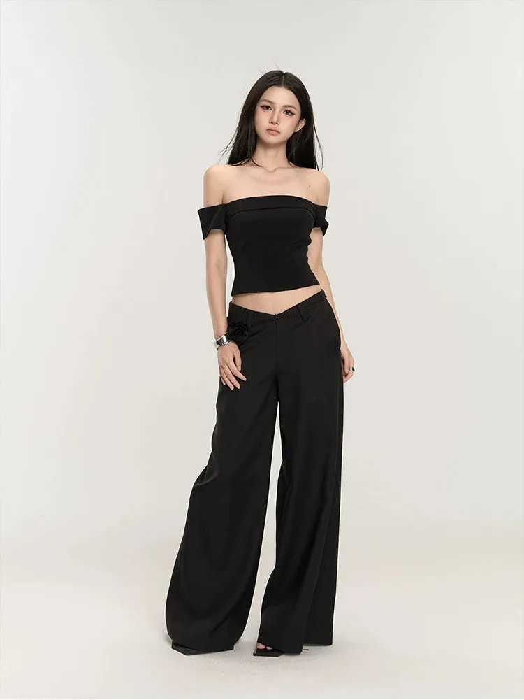Wide-Leg Low Waist V-Shape Trousers with Floral Accent