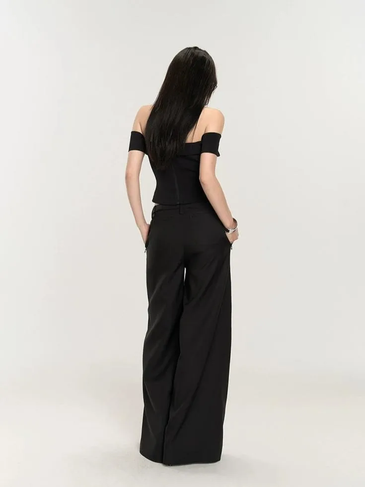 Wide-Leg Low Waist V-Shape Trousers with Floral Accent