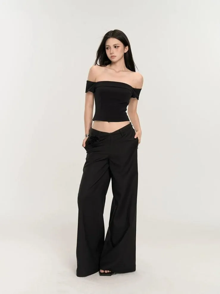 Wide-Leg Low Waist V-Shape Trousers with Floral Accent