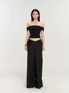 Wide-Leg Low Waist V-Shape Trousers with Floral Accent