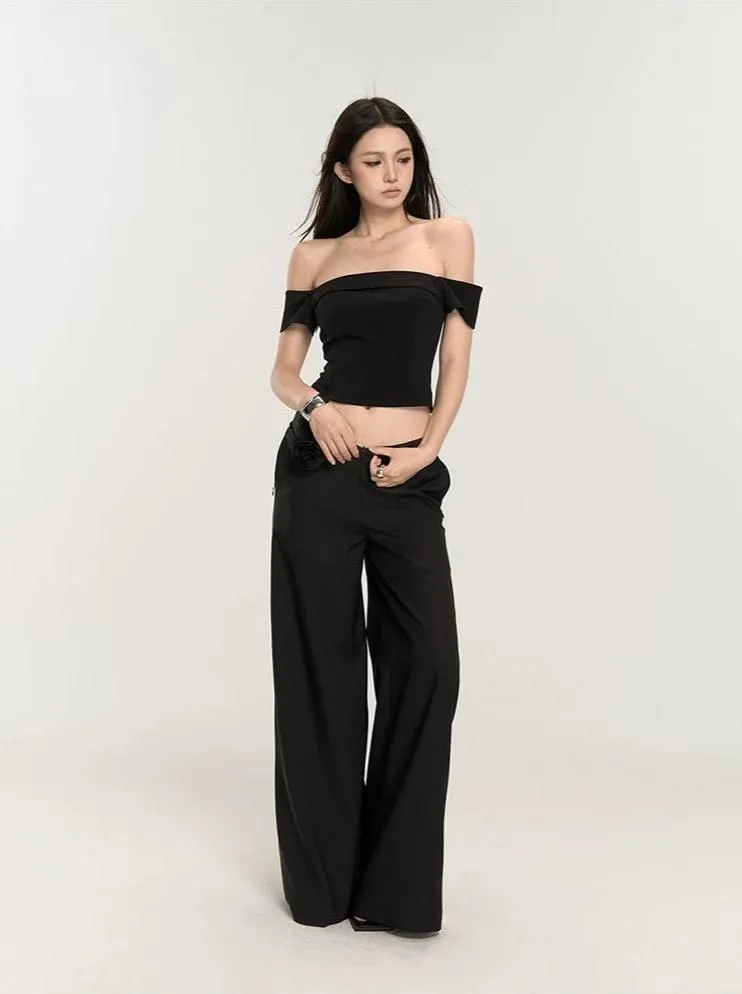 Wide-Leg Low Waist V-Shape Trousers with Floral Accent