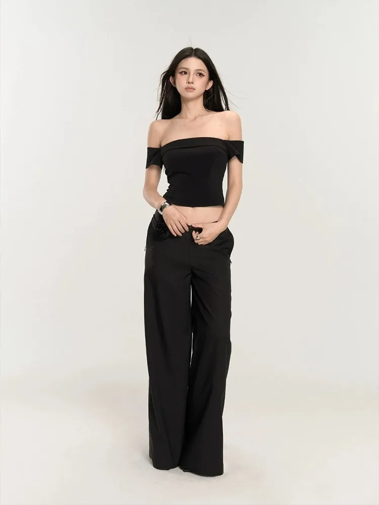 Wide-Leg Low Waist V-Shape Trousers with Floral Accent