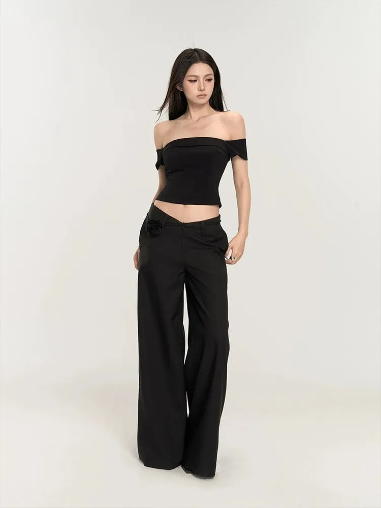 Wide-Leg Low Waist V-Shape Trousers with Floral Accent