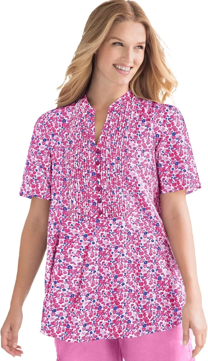 Woman Within Women's Plus Size Pintucked Half-Button Tunic