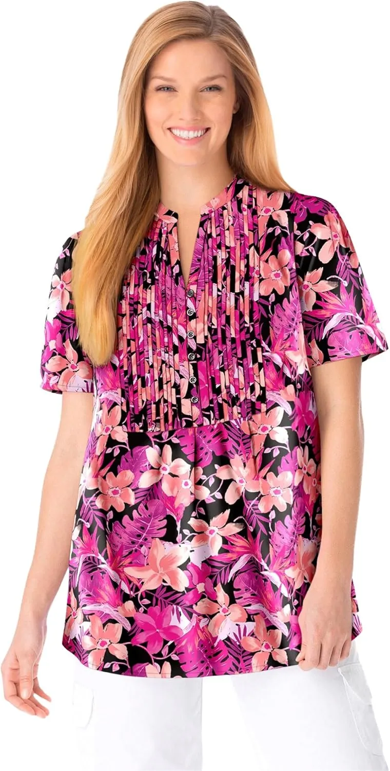 Woman Within Women's Plus Size Pintucked Half-Button Tunic