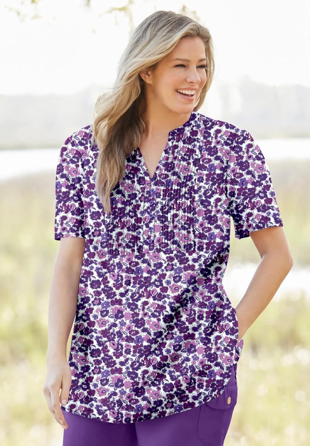 Woman Within Women's Plus Size Pintucked Half-Button Tunic