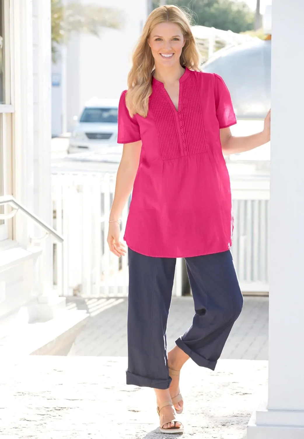 Woman Within Women's Plus Size Pintucked Half-Button Tunic