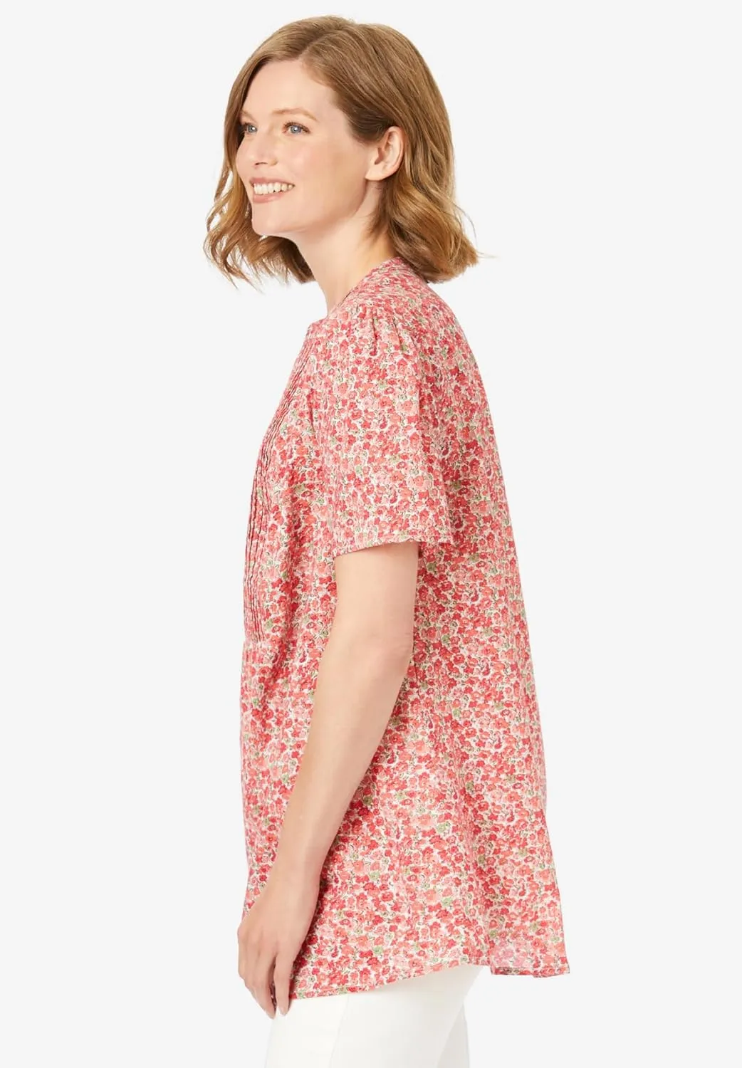 Woman Within Women's Plus Size Pintucked Half-Button Tunic