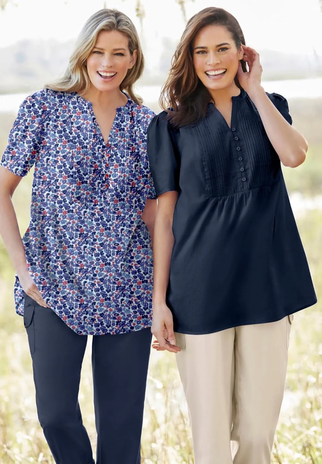 Woman Within Women's Plus Size Pintucked Half-Button Tunic