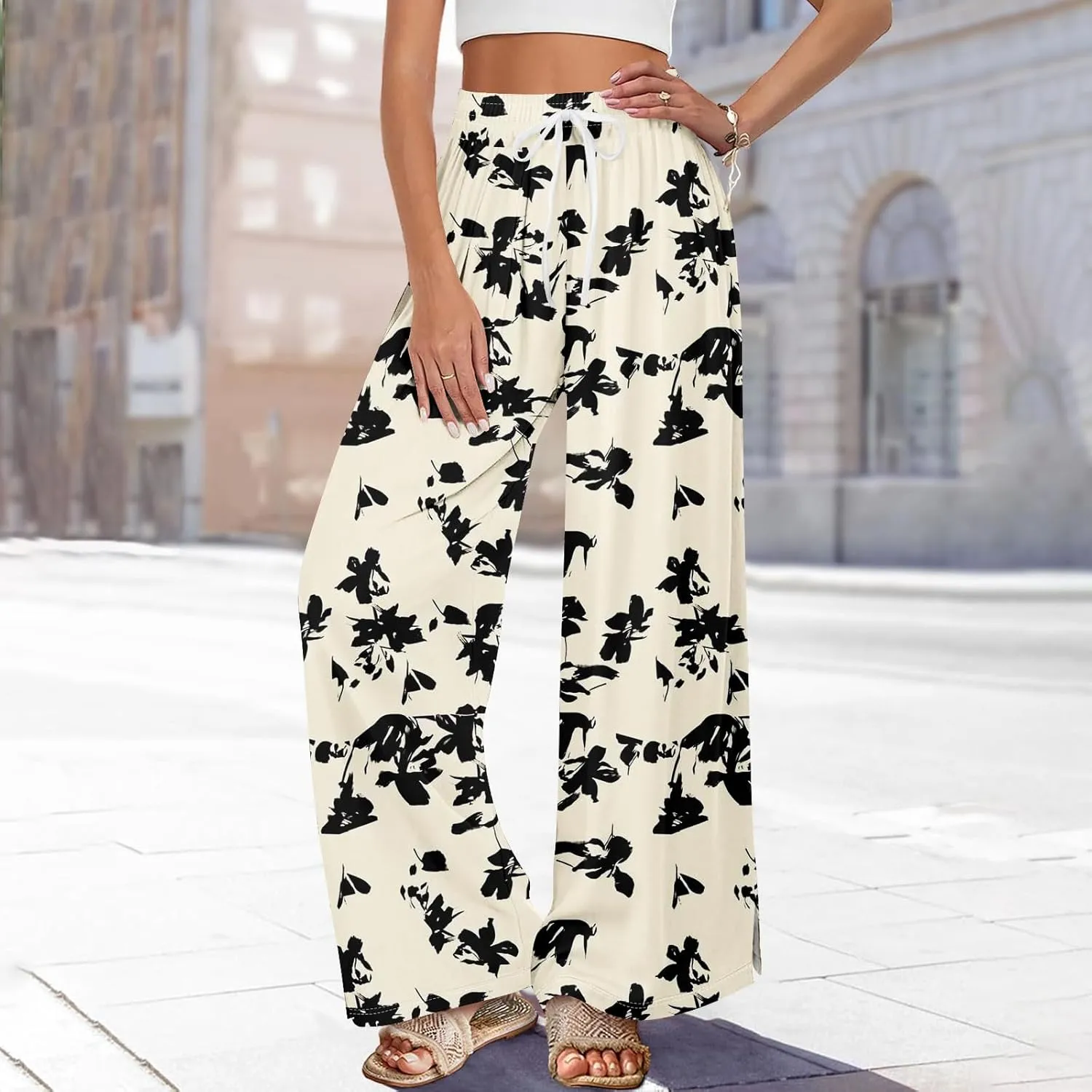 Women Casual Summer Boho Palazzo Pants High Waist Wide Leg Floral Beach Vacation Trousers with Pockets