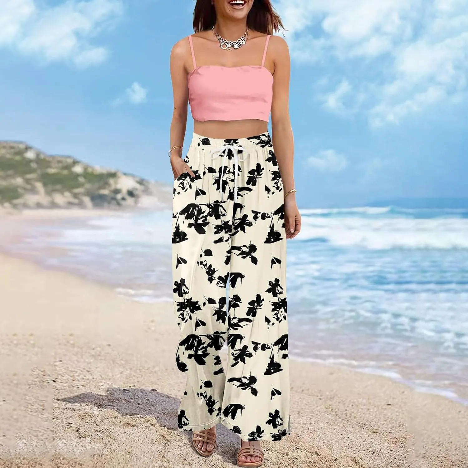 Women Casual Summer Boho Palazzo Pants High Waist Wide Leg Floral Beach Vacation Trousers with Pockets