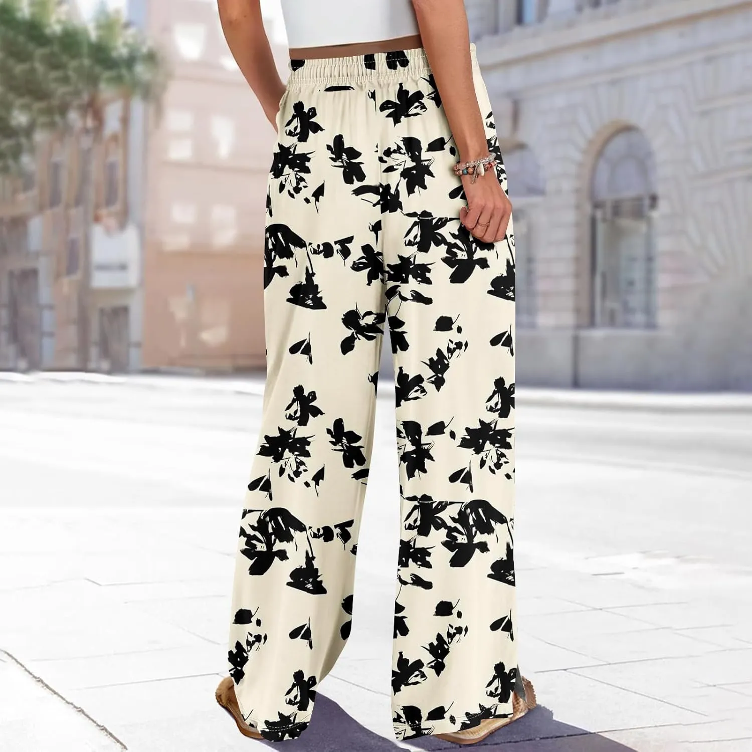 Women Casual Summer Boho Palazzo Pants High Waist Wide Leg Floral Beach Vacation Trousers with Pockets