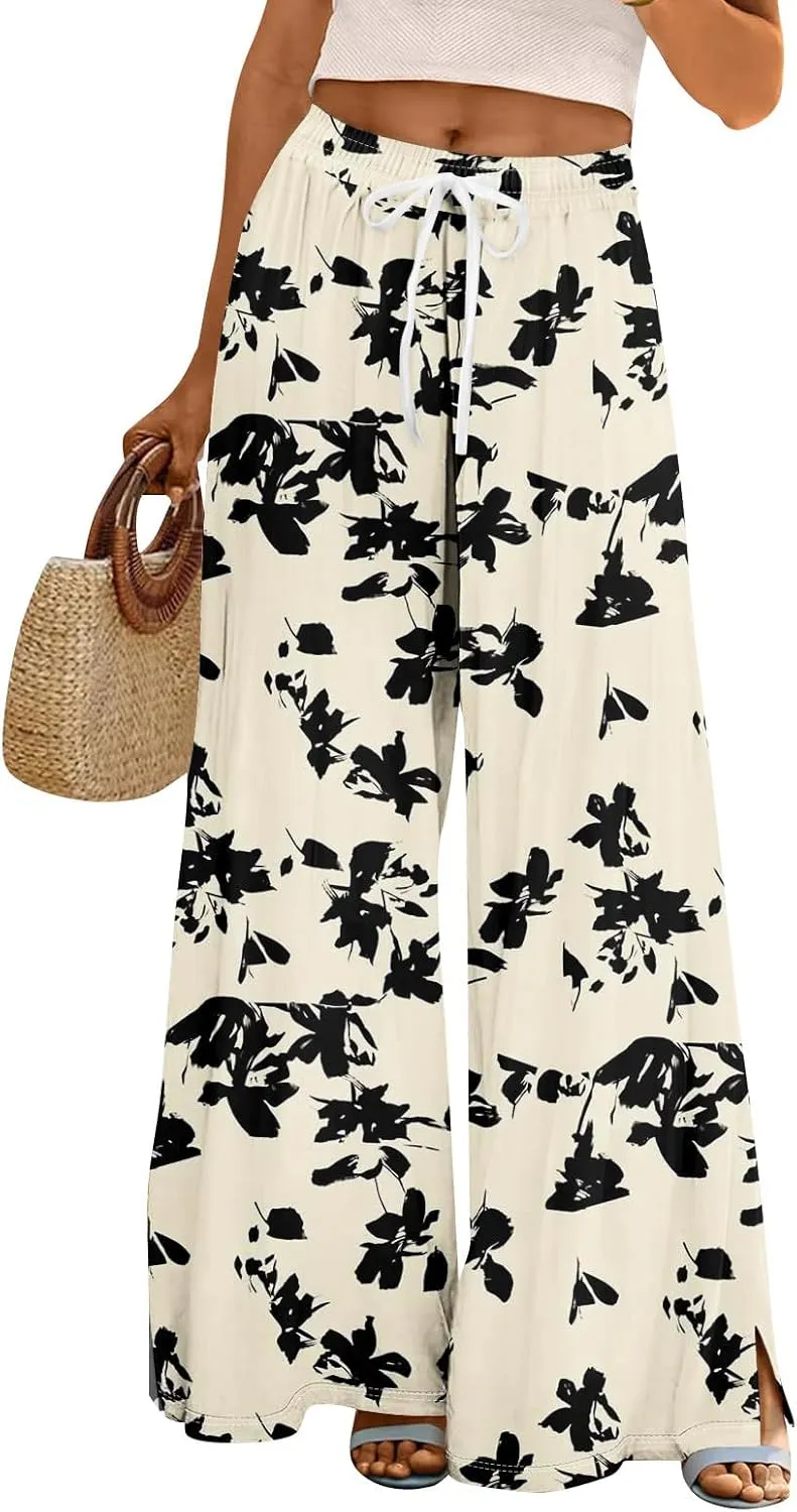 Women Casual Summer Boho Palazzo Pants High Waist Wide Leg Floral Beach Vacation Trousers with Pockets