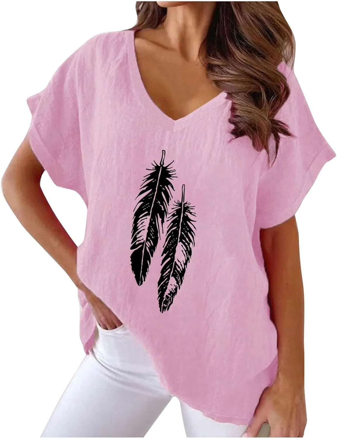 Women Casual Tops Cotton Linen Short Sleeve Shirts Floral Summer V Neck Tees Loose Comfy Cute Blouses Sexy Lightweight Soft