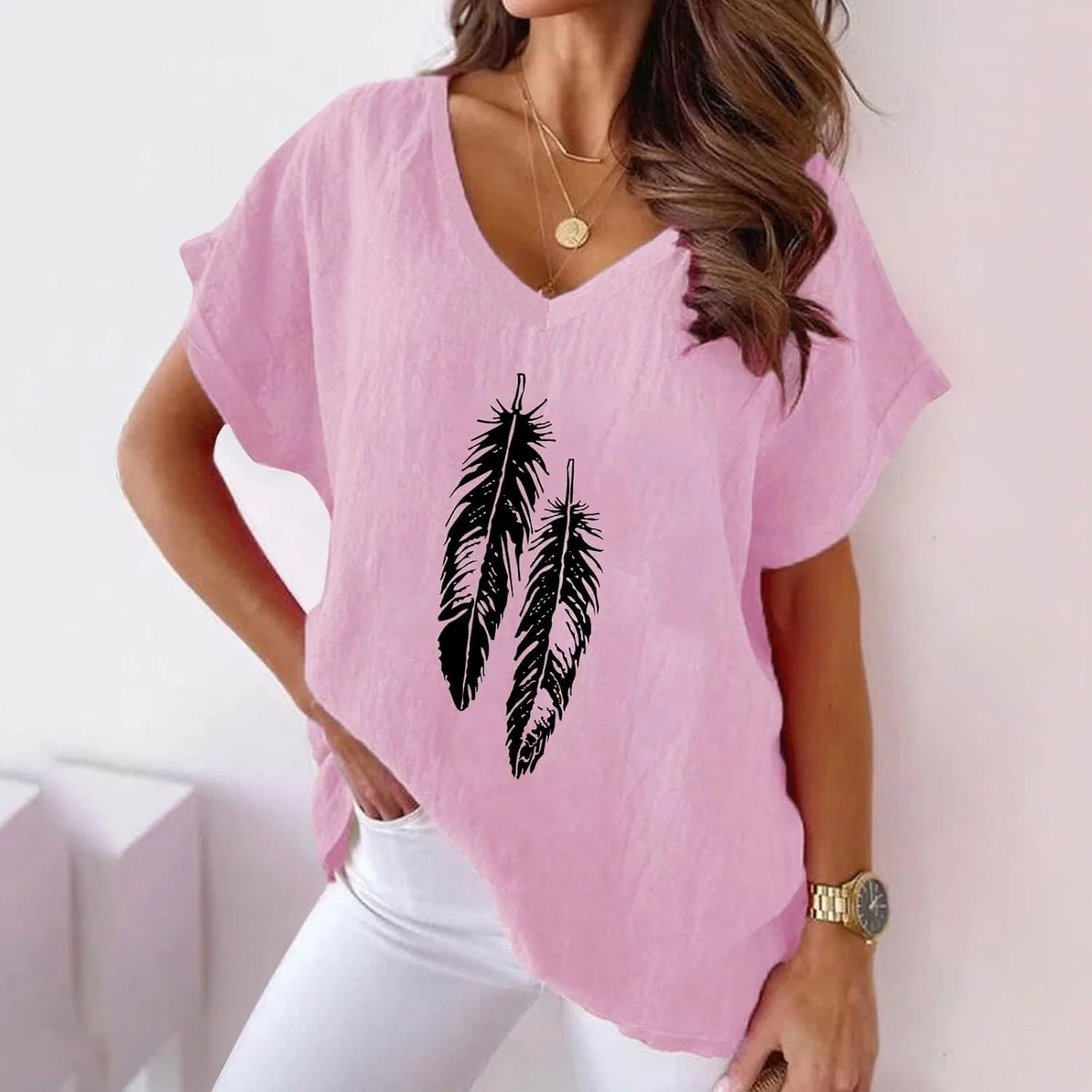 Women Casual Tops Cotton Linen Short Sleeve Shirts Floral Summer V Neck Tees Loose Comfy Cute Blouses Sexy Lightweight Soft