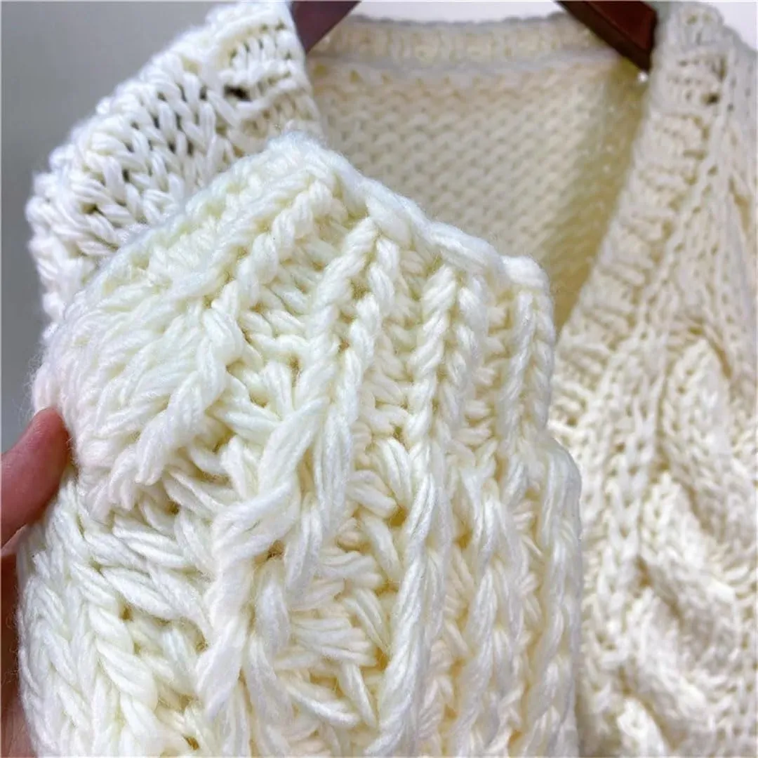 Women Handmade Chunky Knit Tops Cropped Knitted Cardigan Sweater Vintage Long Sleeve Outwear