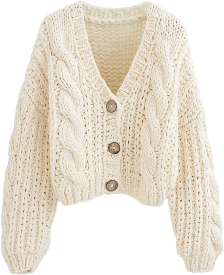 Women Handmade Chunky Knit Tops Cropped Knitted Cardigan Sweater Vintage Long Sleeve Outwear