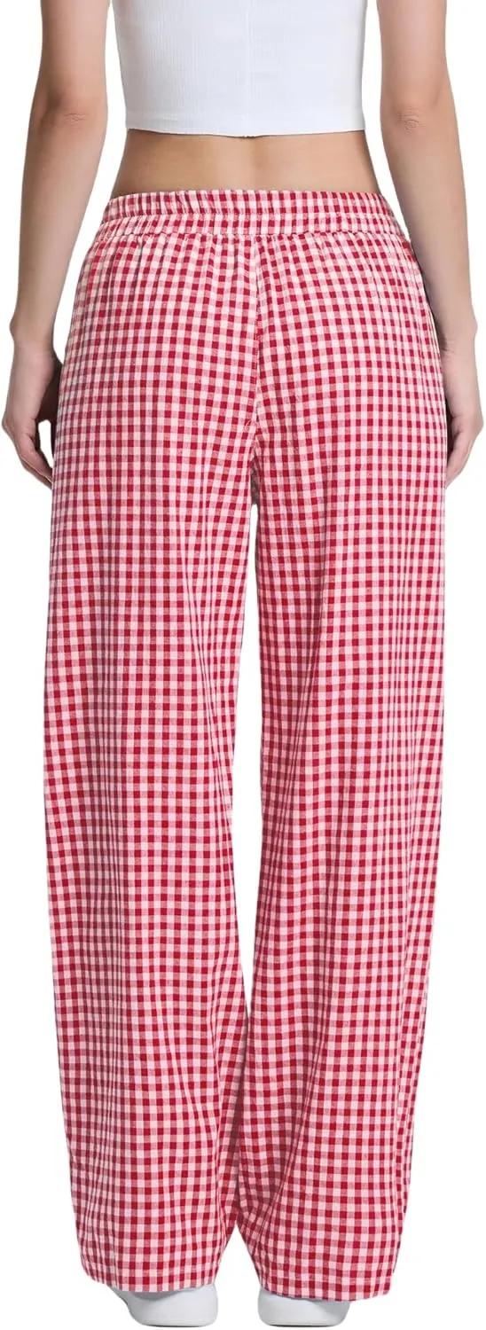 Women Palazzo Pants Casual Elastic High Waisted Wide Leg Pants Trendy Solid Color Striped Print Straight Leg Trouser