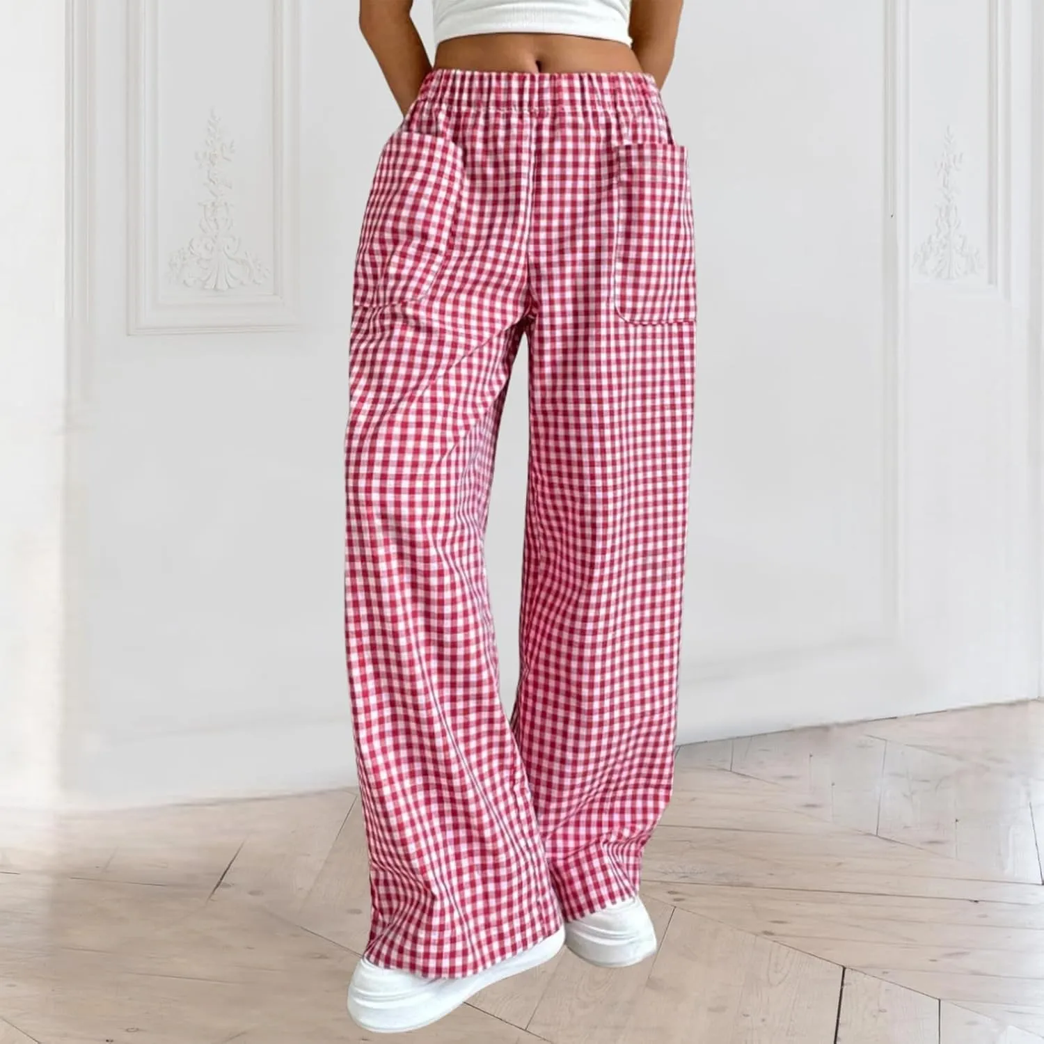 Women Palazzo Pants Casual Elastic High Waisted Wide Leg Pants Trendy Solid Color Striped Print Straight Leg Trouser