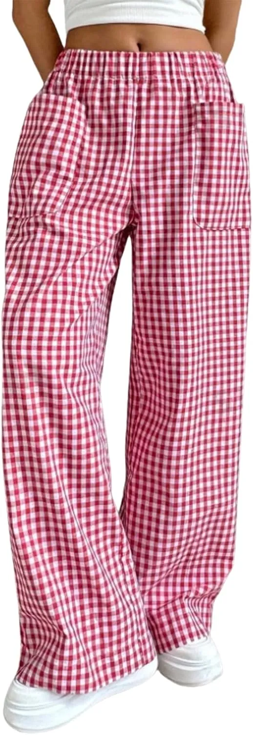 Women Palazzo Pants Casual Elastic High Waisted Wide Leg Pants Trendy Solid Color Striped Print Straight Leg Trouser