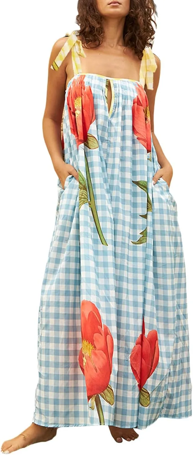 Women Summer Boho Tie Shoulder Dress Y2k Floral Smocked Flowy Shoulder Tie Dress Ruffle Vocation Sundress