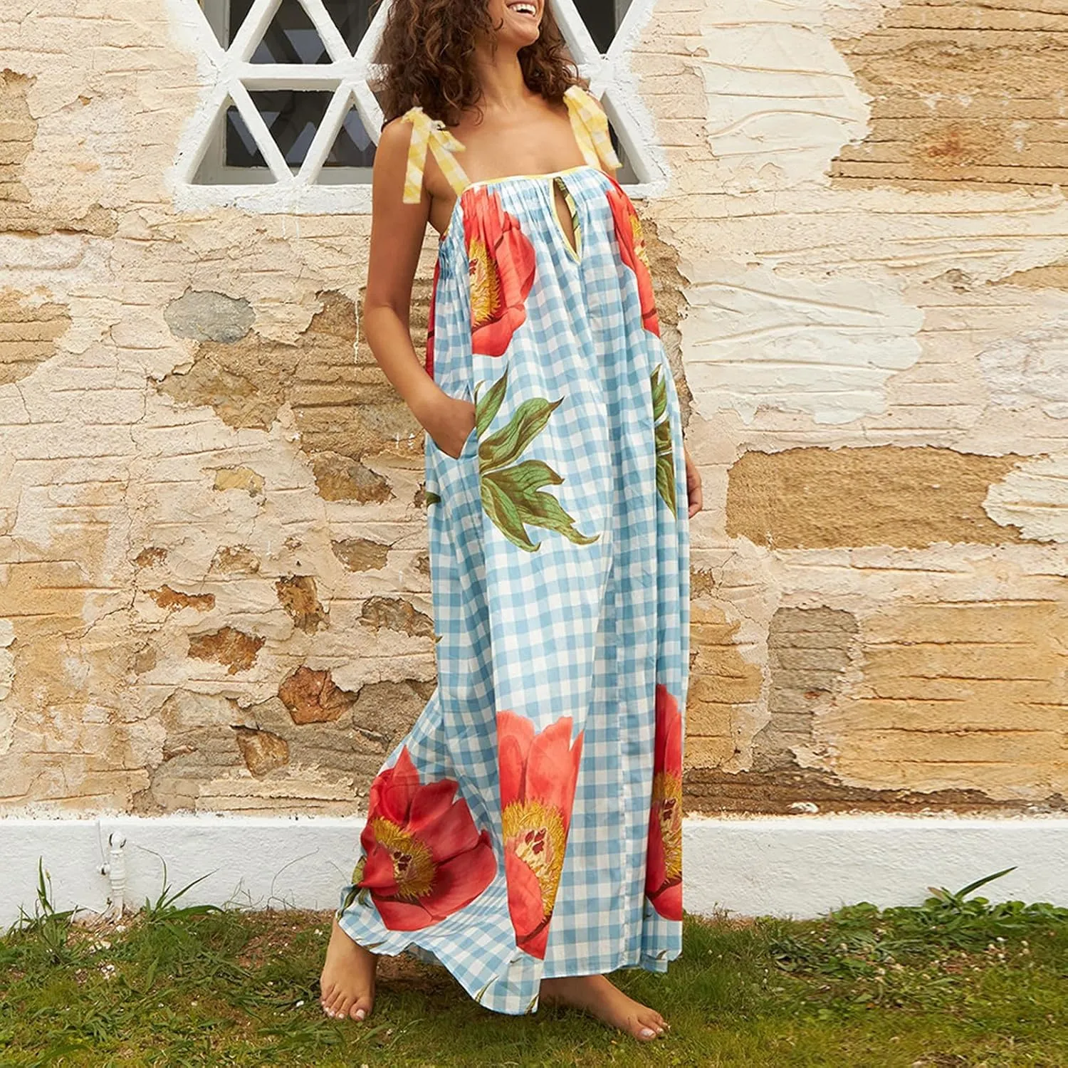 Women Summer Boho Tie Shoulder Dress Y2k Floral Smocked Flowy Shoulder Tie Dress Ruffle Vocation Sundress