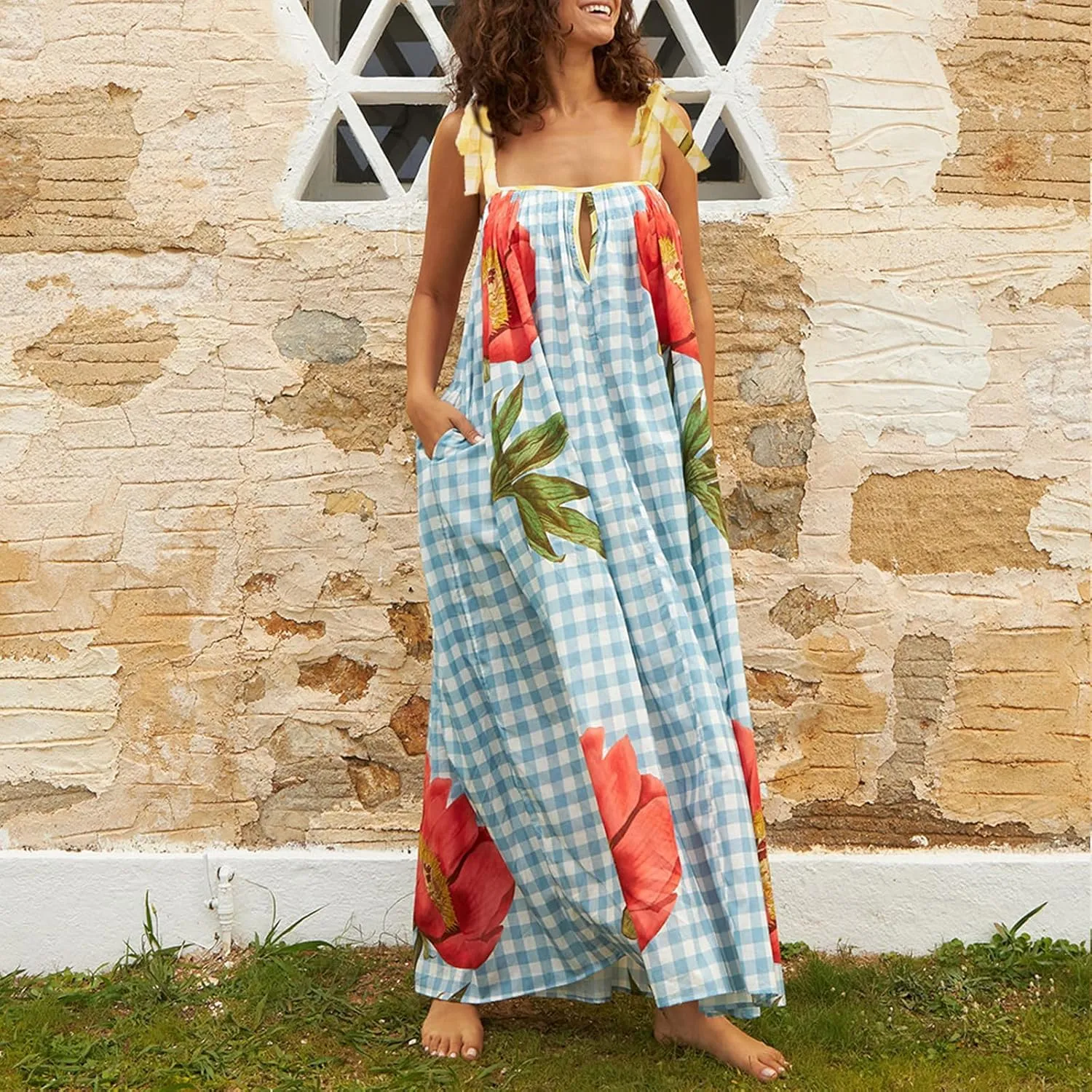 Women Summer Boho Tie Shoulder Dress Y2k Floral Smocked Flowy Shoulder Tie Dress Ruffle Vocation Sundress