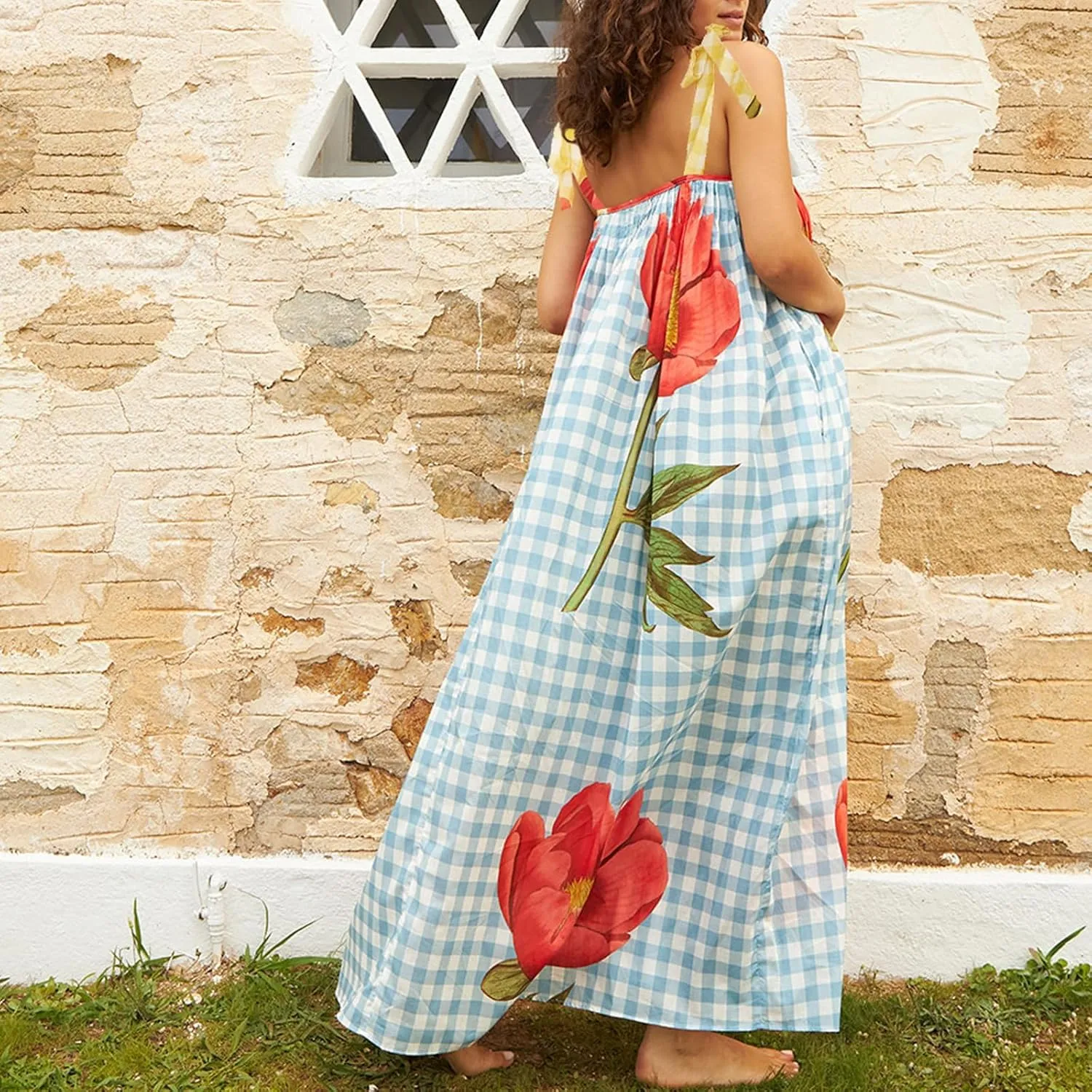 Women Summer Boho Tie Shoulder Dress Y2k Floral Smocked Flowy Shoulder Tie Dress Ruffle Vocation Sundress