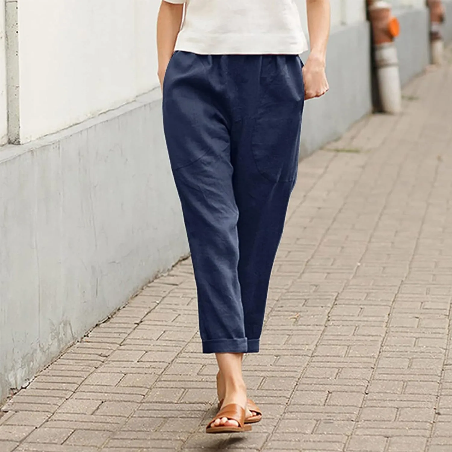 Women Summer Casual Pants Cotton Linen Solid Color Trousers Straight Leg Cropped Pants Plus Size Workout Pants