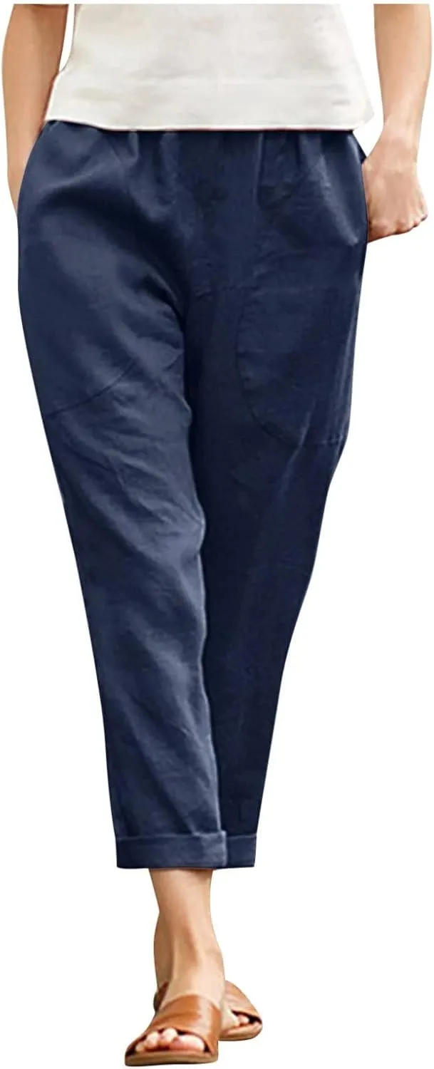 Women Summer Casual Pants Cotton Linen Solid Color Trousers Straight Leg Cropped Pants Plus Size Workout Pants