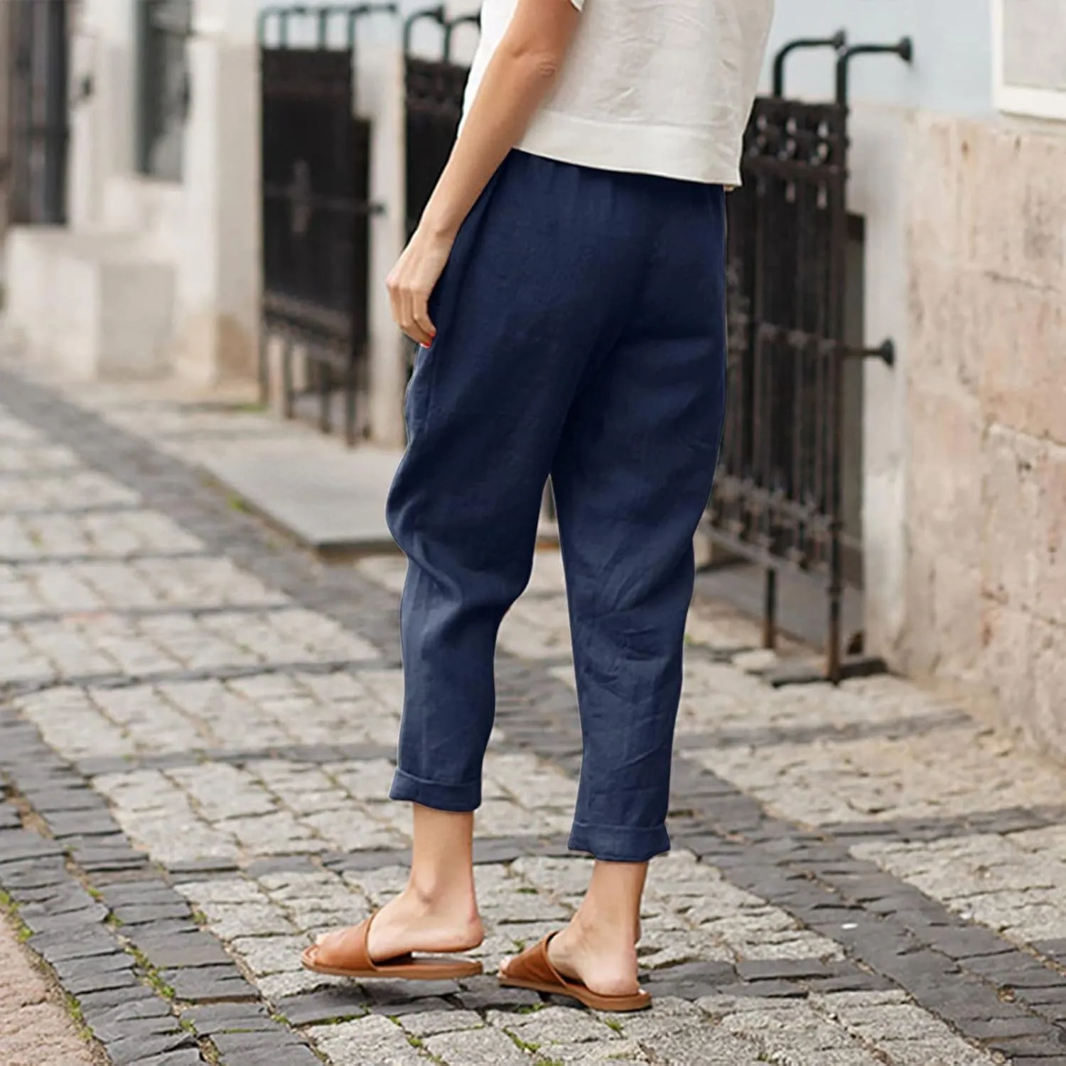 Women Summer Casual Pants Cotton Linen Solid Color Trousers Straight Leg Cropped Pants Plus Size Workout Pants
