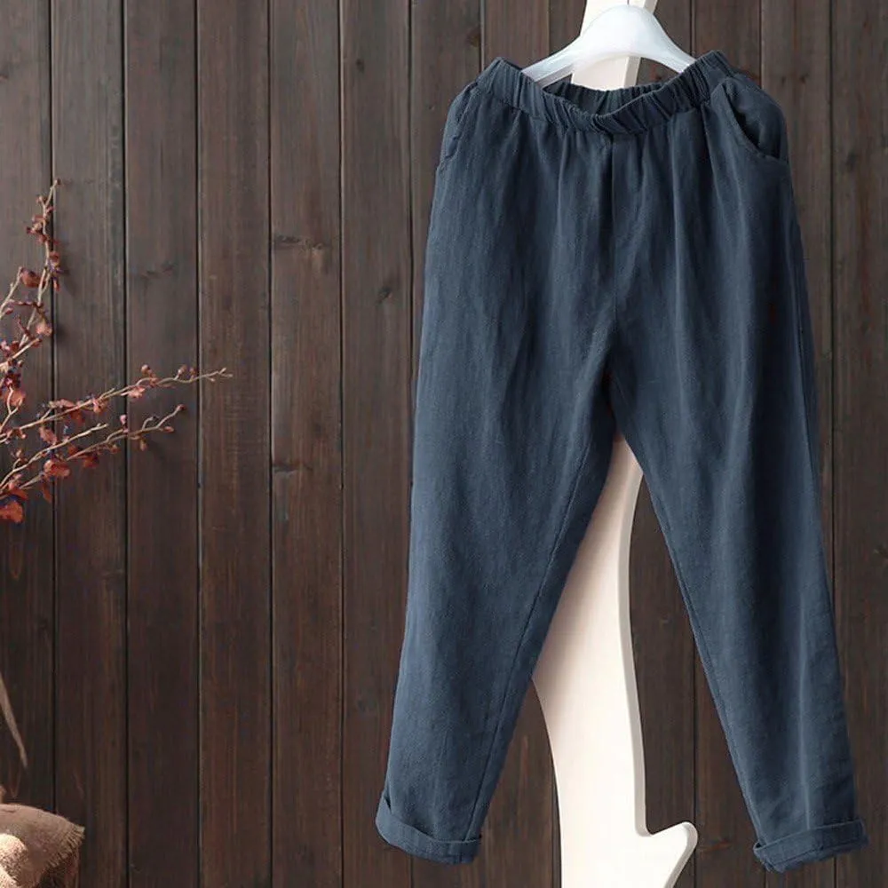 Women Summer Cotton Linen Pants Solid Color Wide Leg Straight Long Trousers High Waist Casual Loose Leg Pants