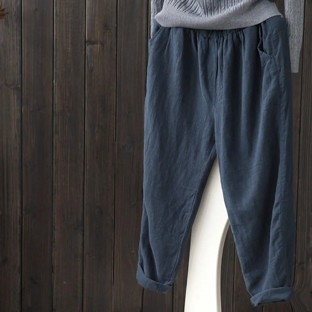 Women Summer Cotton Linen Pants Solid Color Wide Leg Straight Long Trousers High Waist Casual Loose Leg Pants