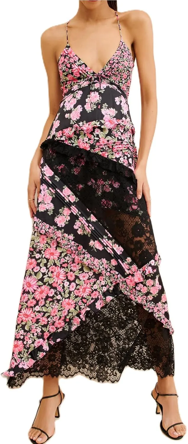 Women Summer Dresses Flowy Smocked Maxi Dress Sleeveless Tie Shoulder Boho Dresses Y2K Floral Beach Sundresses