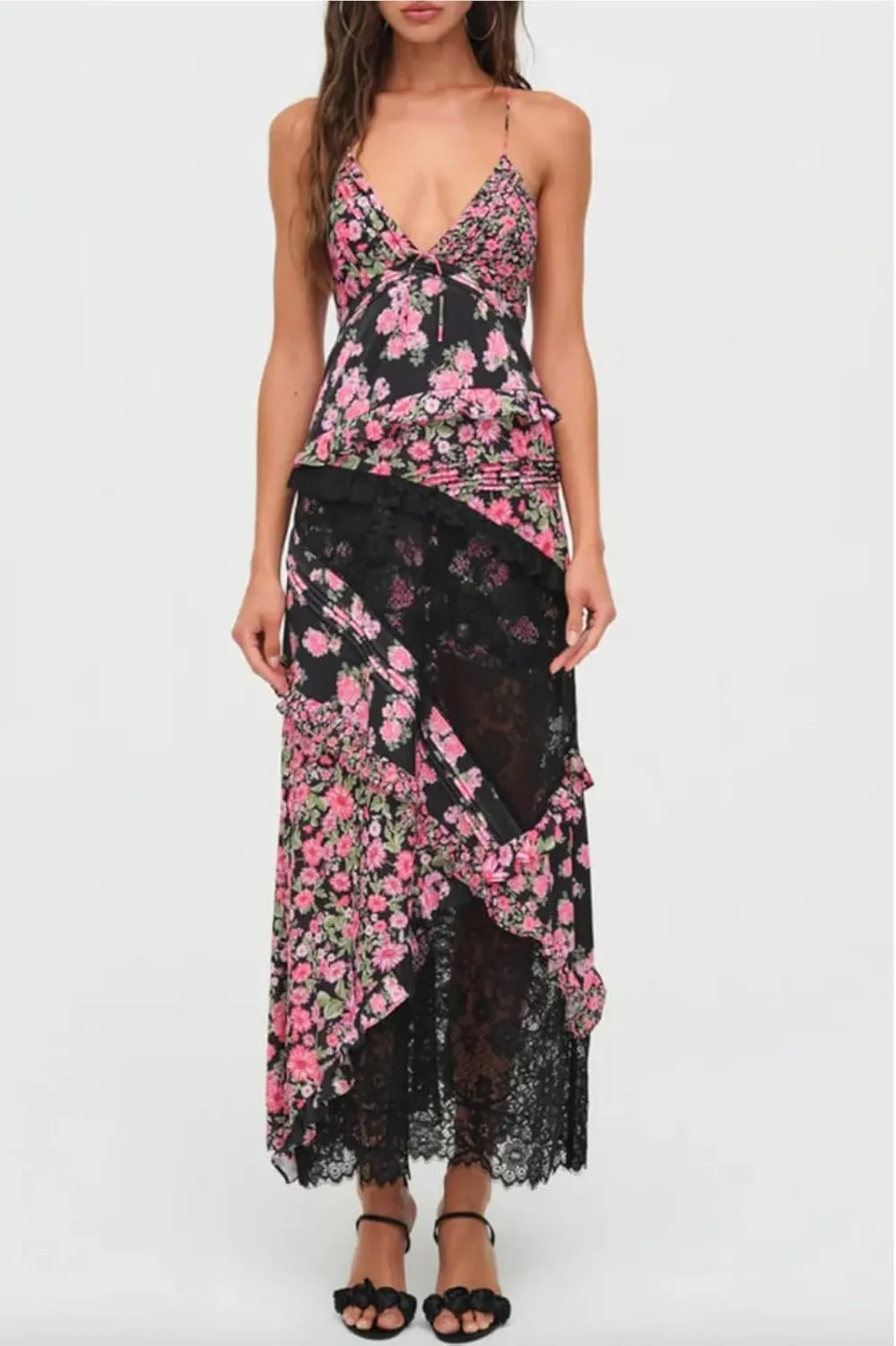 Women Summer Dresses Flowy Smocked Maxi Dress Sleeveless Tie Shoulder Boho Dresses Y2K Floral Beach Sundresses