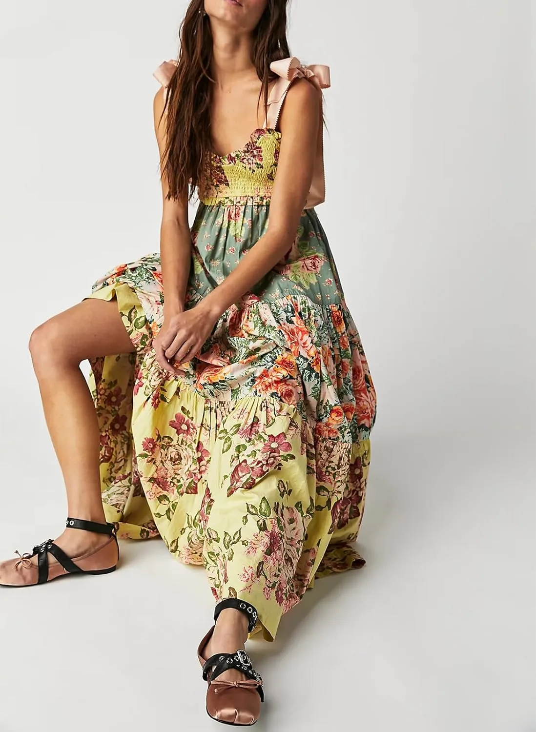Women Summer Dresses Flowy Smocked Maxi Dress Sleeveless Tie Shoulder Boho Dresses Y2K Floral Beach Sundresses