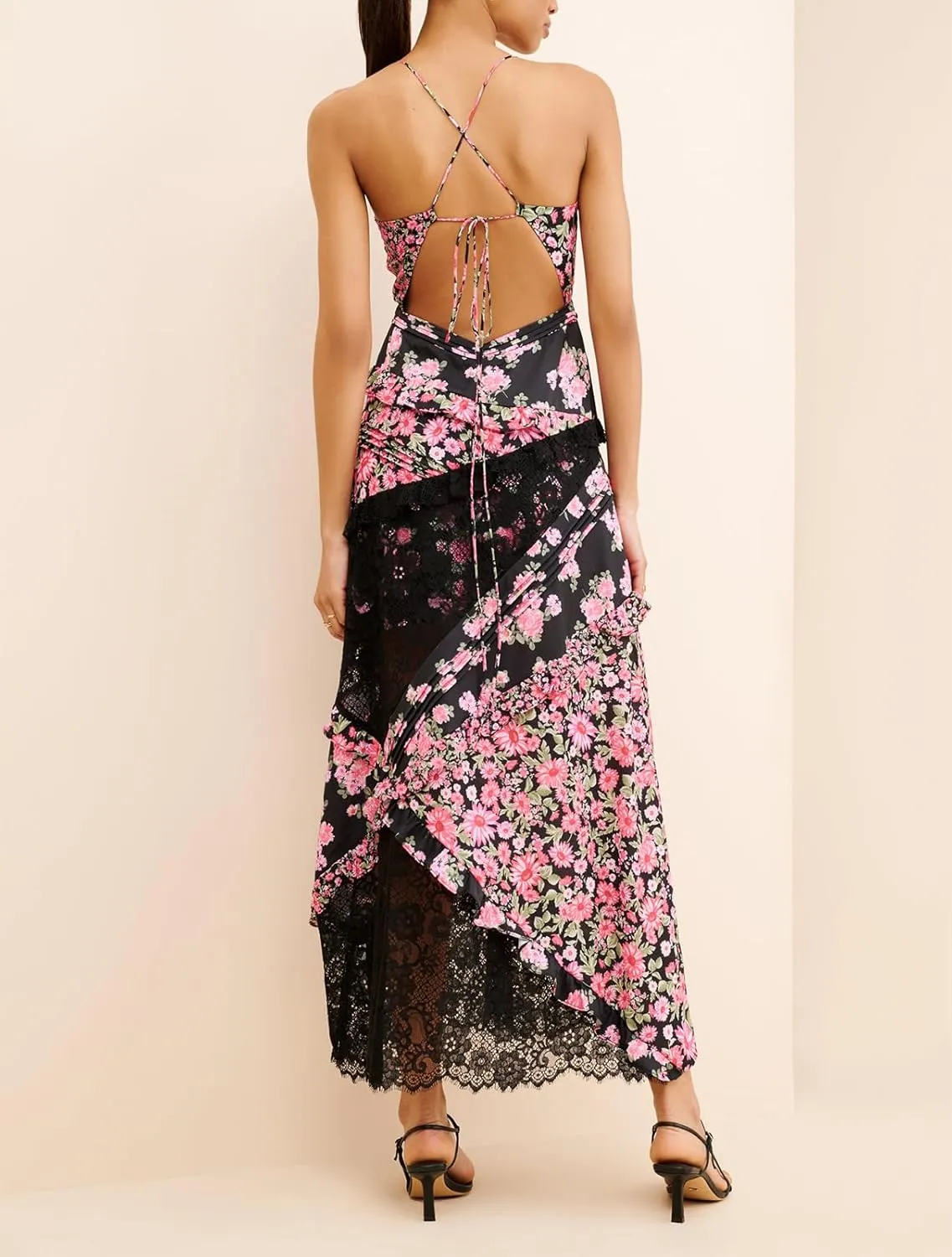 Women Summer Dresses Flowy Smocked Maxi Dress Sleeveless Tie Shoulder Boho Dresses Y2K Floral Beach Sundresses