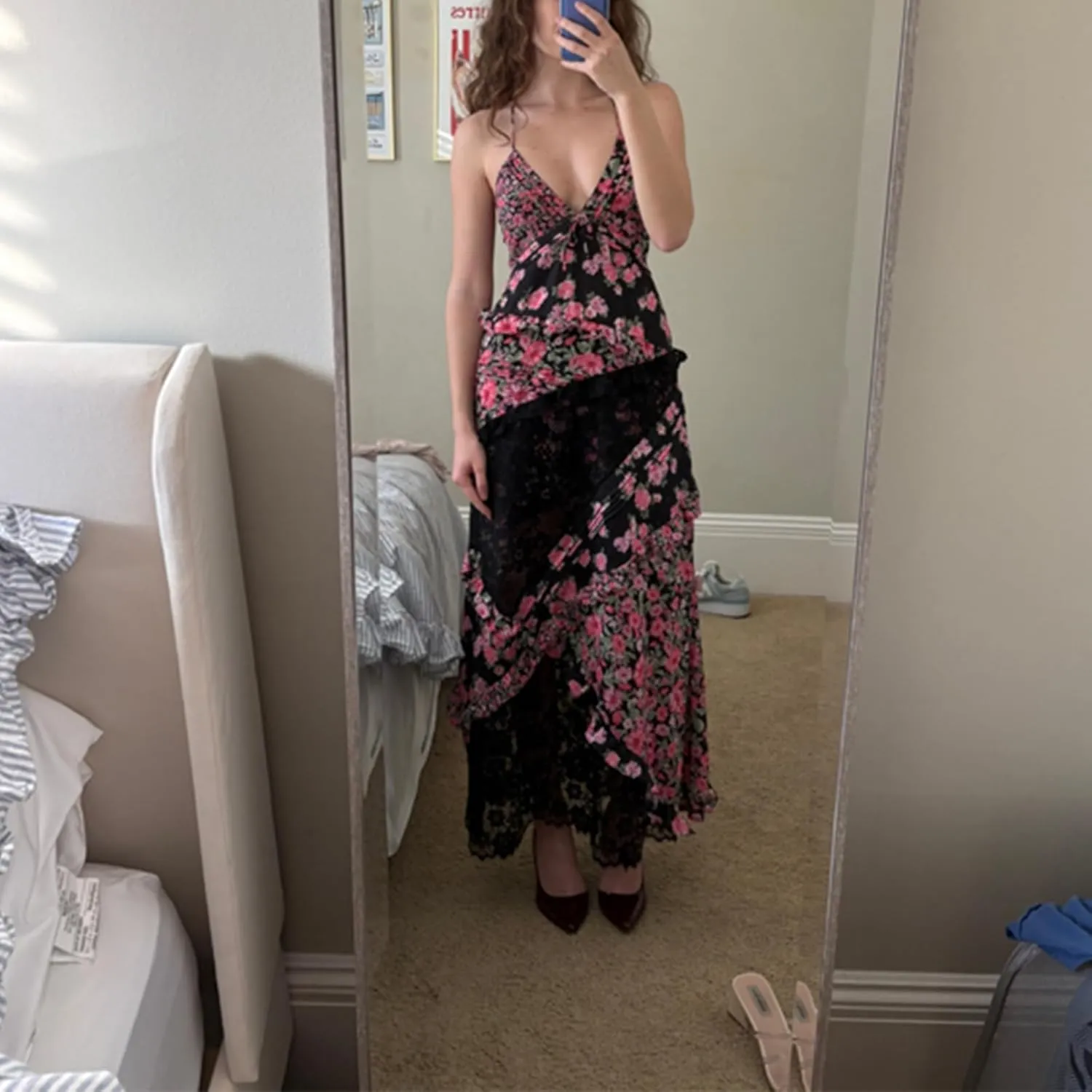 Women Summer Dresses Flowy Smocked Maxi Dress Sleeveless Tie Shoulder Boho Dresses Y2K Floral Beach Sundresses
