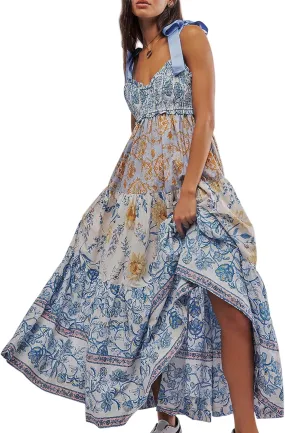 Women Summer Floral Spaghetti Strap Dress Flowy Smocked Tie Up Shoulder Boho Maxi Flowy Swing Dress Y2K Beach Sundress