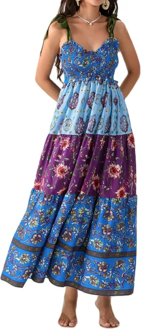 Women Summer Floral Spaghetti Strap Dress Flowy Smocked Tie Up Shoulder Boho Maxi Flowy Swing Dress Y2K Beach Sundress