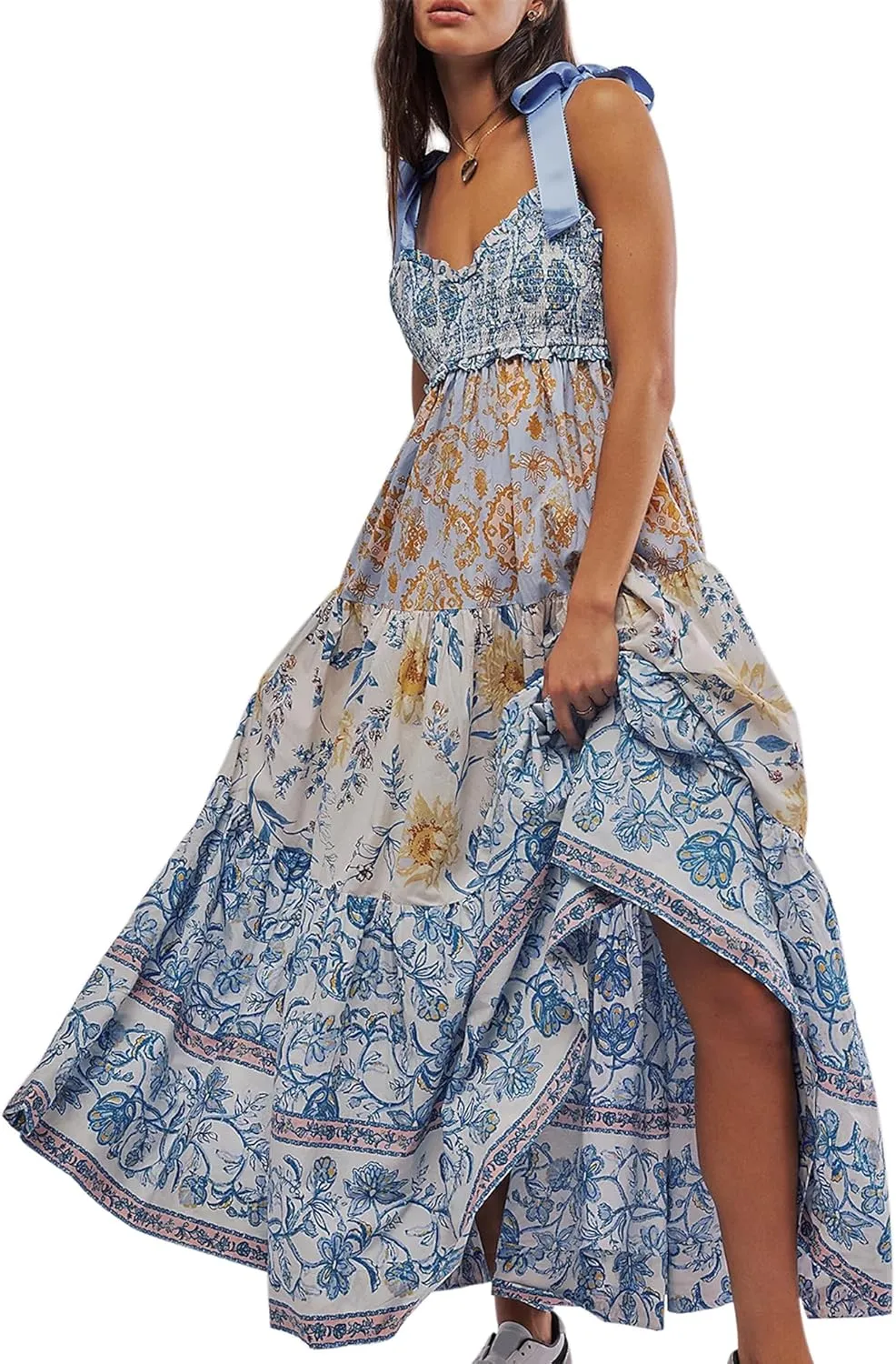 Women Summer Floral Spaghetti Strap Dress Flowy Smocked Tie Up Shoulder Boho Maxi Flowy Swing Dress Y2K Beach Sundress