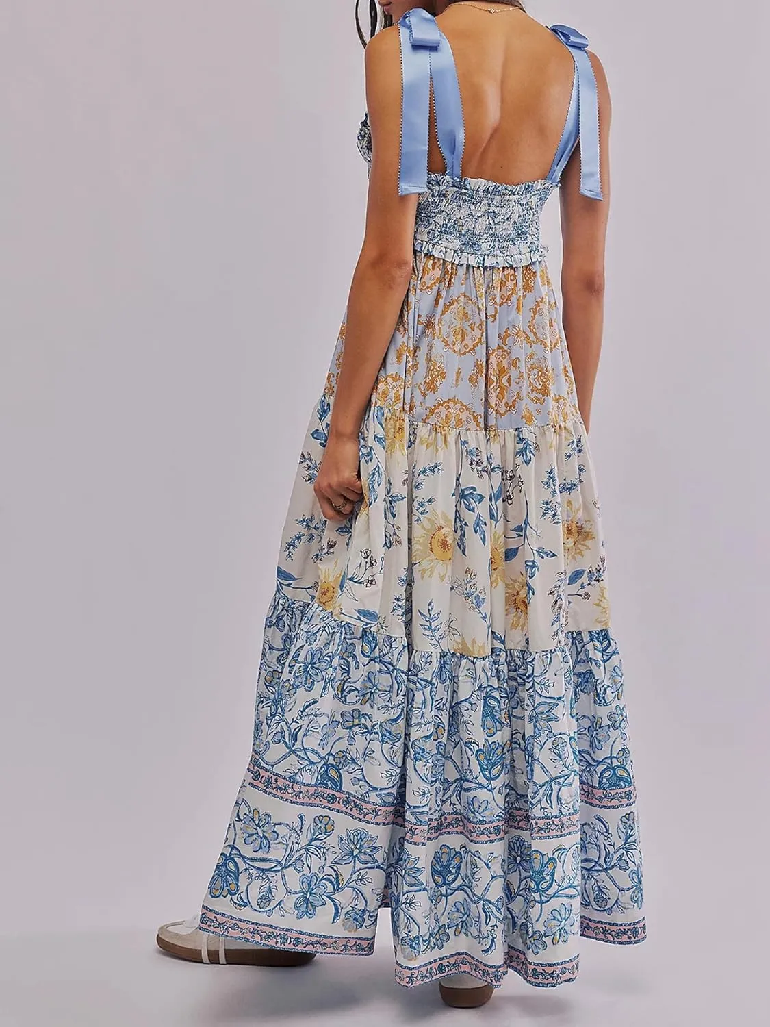Women Summer Floral Spaghetti Strap Dress Flowy Smocked Tie Up Shoulder Boho Maxi Flowy Swing Dress Y2K Beach Sundress