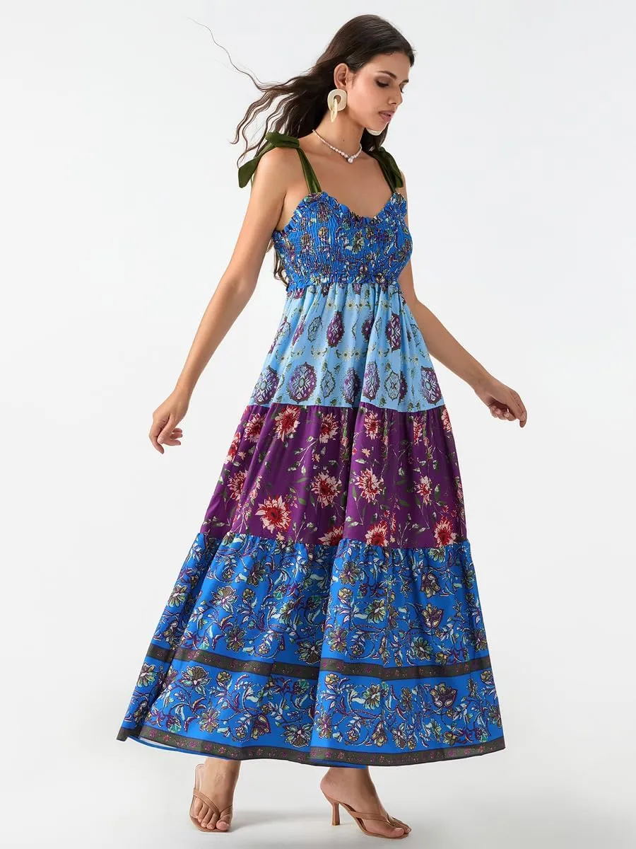 Women Summer Floral Spaghetti Strap Dress Flowy Smocked Tie Up Shoulder Boho Maxi Flowy Swing Dress Y2K Beach Sundress