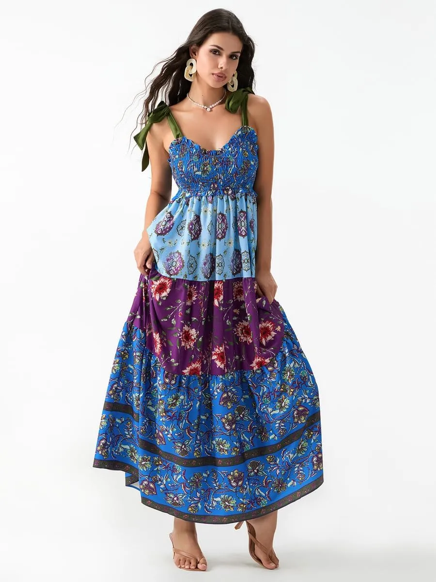 Women Summer Floral Spaghetti Strap Dress Flowy Smocked Tie Up Shoulder Boho Maxi Flowy Swing Dress Y2K Beach Sundress